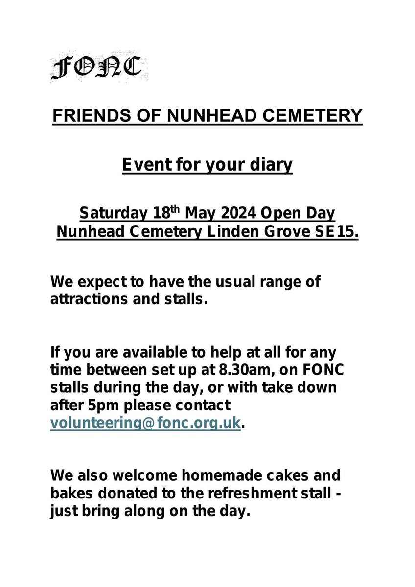 Call for volunteers at The Open Day at Nunhead Cemetery Saturday 18/05/2024...PLS RT @NunheadDC @JenniferChelley @SouthwarkYAs @NunheadTRA @TheFONC @GroveCollectvSE @IvanhoeResAssoc @ShinyShep @WHYCNunhead @victoriakpeel @NunheadsVoice @Rhules @victoriakpeel @EdibleSE16