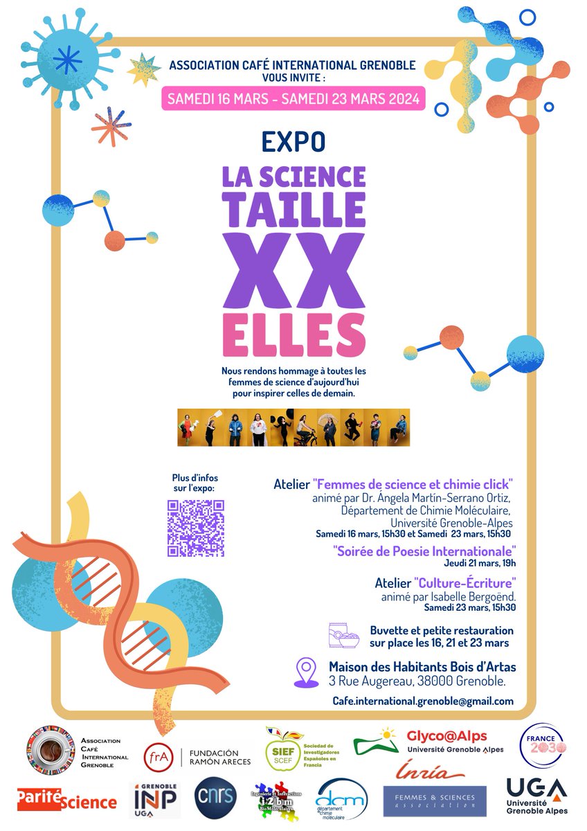 À vos agendas !

👩‍🏫Atelier 'Femmes de Science et chimie click' @DCMGrenoble @Glyco_Alps 

👩‍🔬Exposition 'La Science taille XXElles' @PariteScience 

☕️Goûter @SIEF_SCEF @ASSO Café International

🗓️Samedi 16 et 23 mars
🗺️Maison des Habitants Bois d'Artas à Grenoble
⏱️15h30