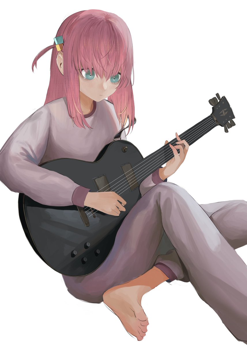 gotoh hitori ,gotou hitori 1girl pink hair solo instrument hair ornament barefoot cube hair ornament  illustration images