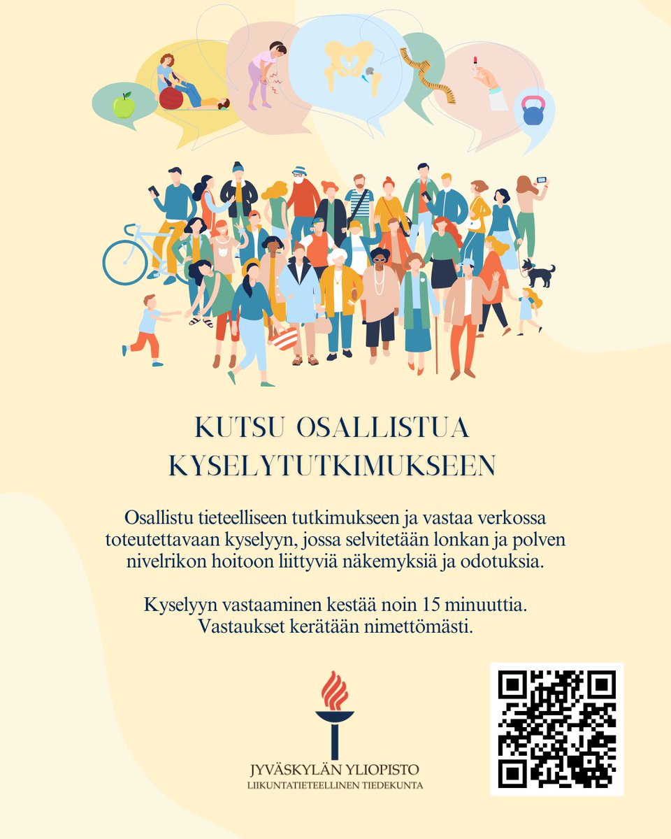 🔍Osallistu fysioterapian väitöskirjan kyselytutkimukseen, jossa selvitetään lonkan ja polven nivelrikon hoitoon liittyviä näkemyksiä.

🔍 Vastaaminen tapahtuu nimettömästi ja kestää n. 15min.

Kysely: redcap.jyu.fi/surveys/?s=PKJ…

Eveliina Rauhansalo
Väitöskirjatutkija, TtM