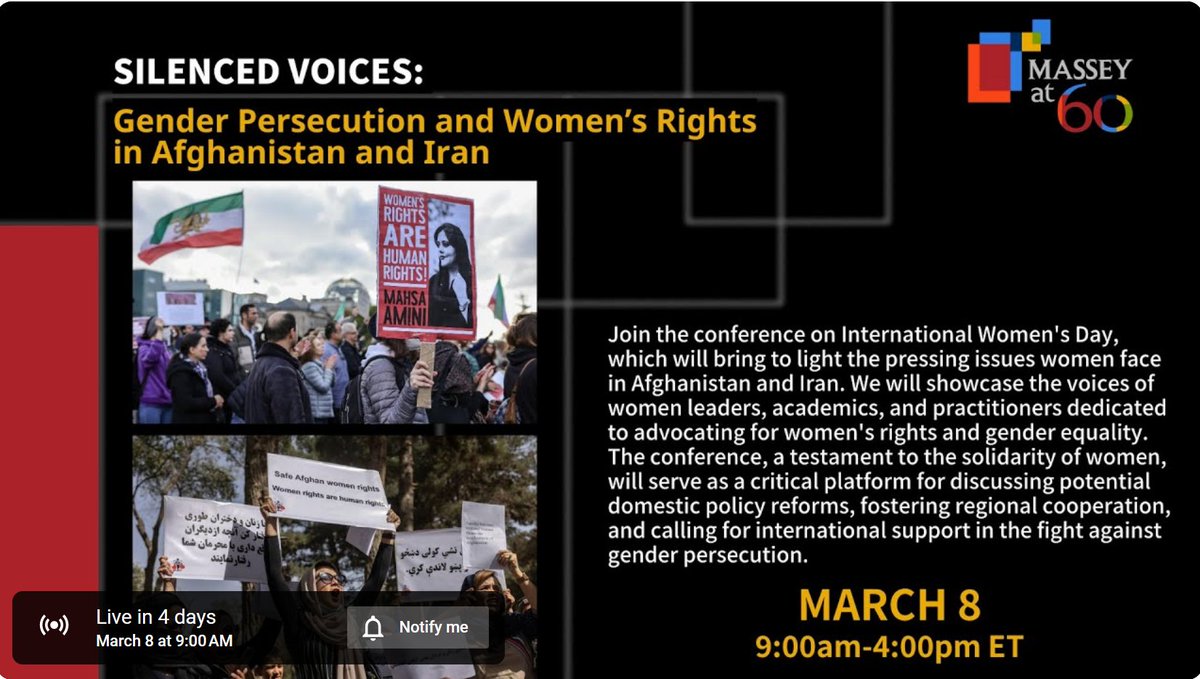 Thrilled to recite #poetry at the #conference: Silenced Voices: #GenderPersecution & #WomensRights in #Afghanistan & #Iran, March 8, I will read 9:15 AM
@MasseyCollege
Free.  Join online or in-person. Spread the word.  #InternationalWomensDay, #IWD2024 masseycollege.ca/events/gender-…