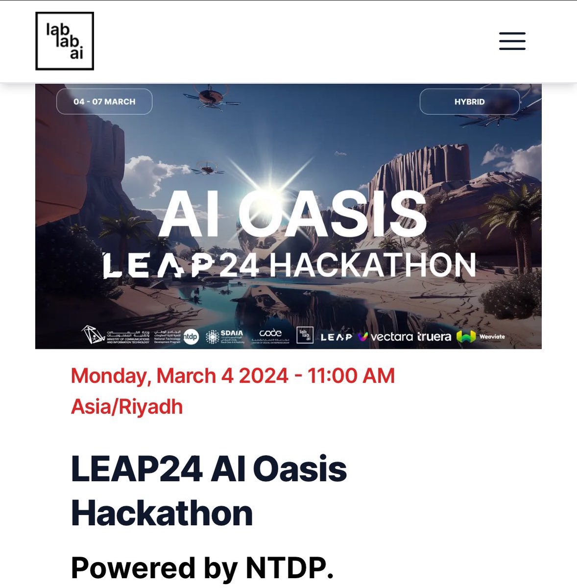 Excited to be onsite mentor at <a href="/lablabai/">lablab.ai</a> AI Oasis Hackathon. Can't wait to see your innovations! 🔥

<a href="/lablabmena/">lablab.mena</a>