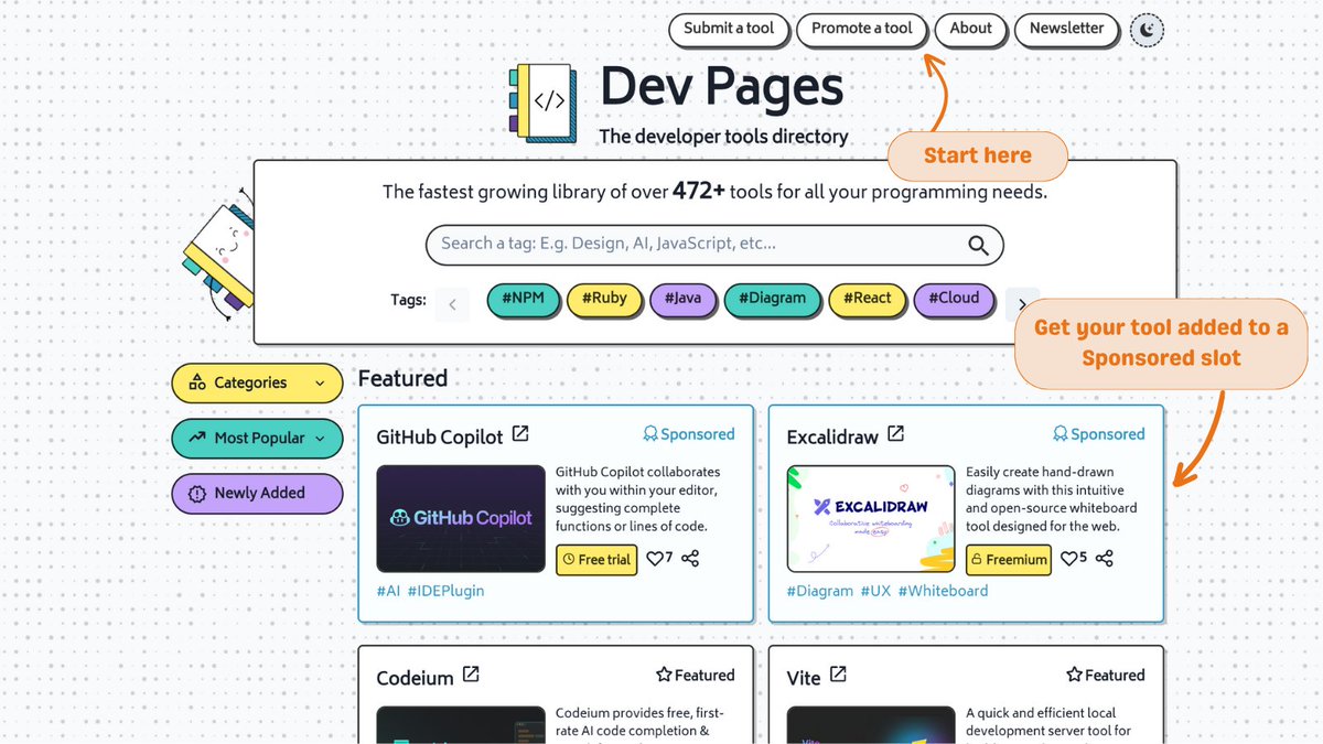 New feature Sunday!

You can now sponsor <a href="/Dev_Pages/">Dev Pages</a> to promote your tool! 🎉 

After having a few requests for promoting tools, it's now super easy to make your tool stand out.

Sponsorships will help to keep the platform free for all users whilst showcasing awesome tools!