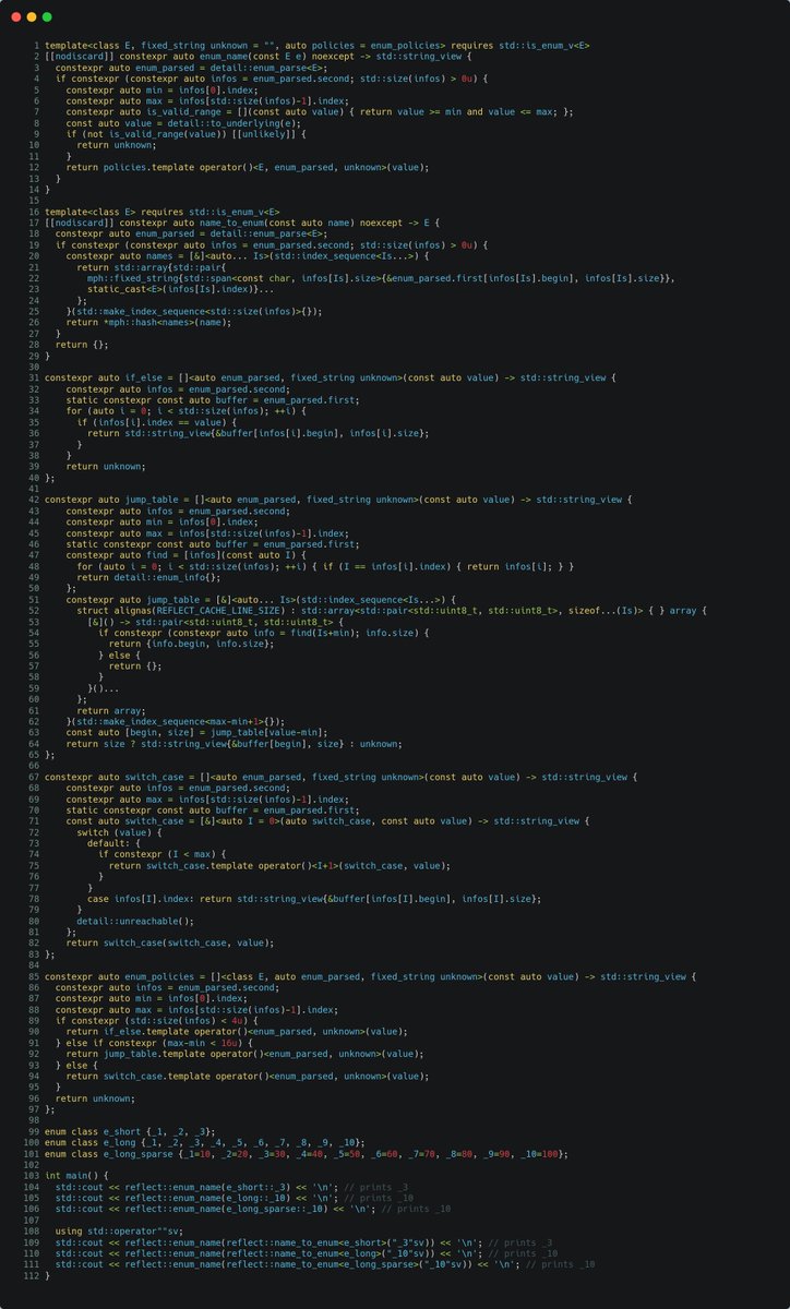 krisjusiak's tweet image. [#cpp20][performance] Optimized.v2 enum_name / name_to_enum
godbolt.org/z/v6vjnnaWx
Powered by github.com/boost-ext/refl… and github.com/boost-ext/mph