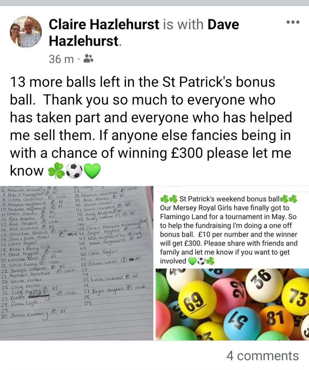 13 balls left in the St Patrick's bonus ball.  If anyone fancies a go at winning £300 all for Mersey Royal Girls ☘️⚽️💚