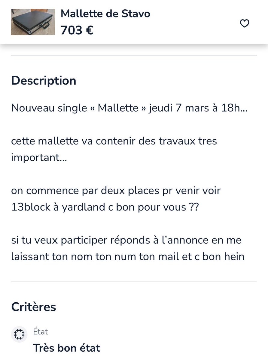 🚨 STAVO annonce la sortie de son nouveau single et de manière plutôt inédite ! Le rappeur fait également gagner à ses fans une malette contenant 2 places pour le concert de 13 BLOCK à YardLand via LeBonCoin ! 'MALETTE' 📆 7 MARS