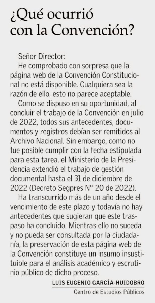 Les comparto esta carta que escribí para @ElMercurio_cl En simple: mientras no exista un archivo documental de libre consulta con todo lo realizado por la Convención Constitucional (2021-2022) en manos del Archivo Nacional, es inaceptable que su página web no siga disponible