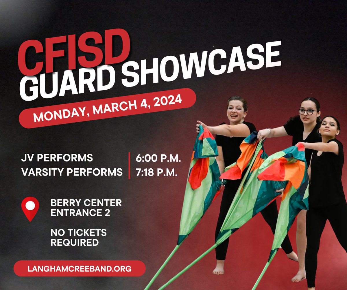 Support our Lobo Guard at the CFISD Color Guard Showcase at the Berry Center tomorrow, 3/4. Tickets not required. Event starts at 5:30 P.M. #cfisdmusicman #langhamcreekhs #cyfairisd #cfisdnoticias #CFISDforAll #jmtz10403 #cfisdmusic #CFISDspirit #espiritucfisd #cfisd_finearts