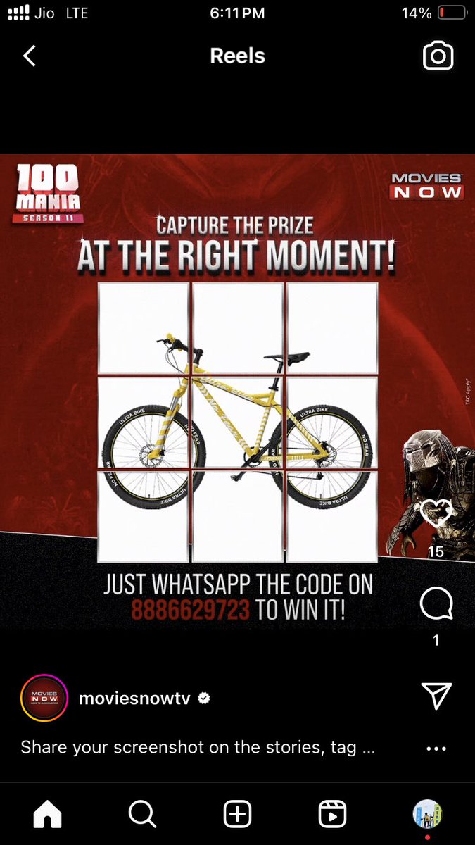 @moviesnowtv My screenshot 🚲

#100Mania #100BlockBusters #100Gifts #100Prizes #100ManiaS11 #Movies #Hollywood #WinGifts #100DaysOfHappines #ContestAlert #SmartPhone #Earbuds #Smartwatch #HollywoodBlockBusters #WinBig #BigGifts