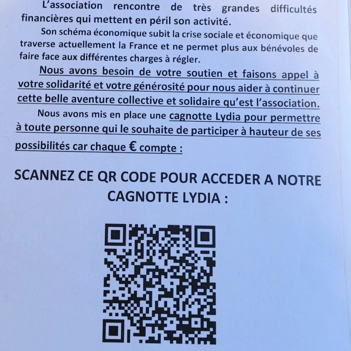 L'association a créé depuis ce week-end, un coin solidaire dans un espace dédié, dans lequel certains articles sont proposés à une participation propre. 
Cette mesure a été prise pour le maintien de l'association.
Une cagnotte a également été ouverte :
lydia-app.com/pots?id=58323-…