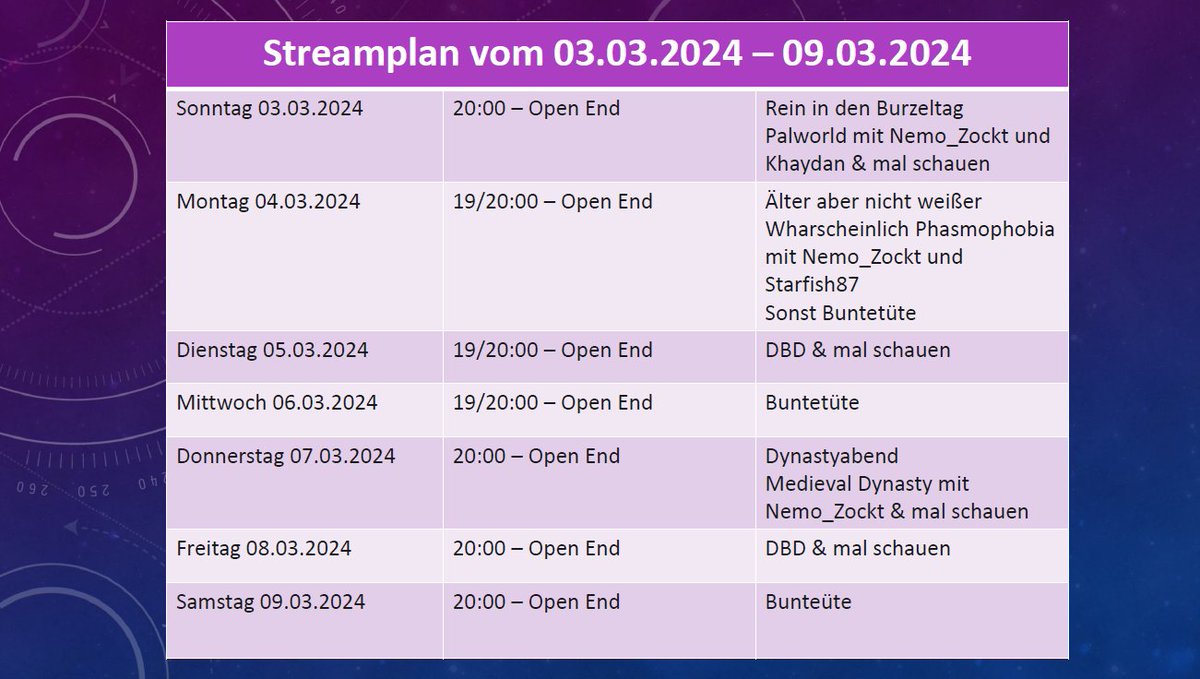 DurchTag's tweet image. Streamplan für den 3.3.24 - 9.3.24
twitch.tv/planlos_durch_…