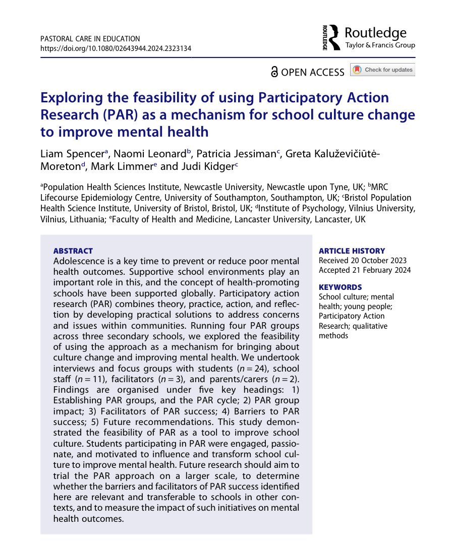 📣🚨NEW PAPER🚨📣 'Exploring the feasibility of using Participatory Action Research (PAR) as a mechanism for school culture change to improve mental health' in Pastoral Care in Education @NIHRSPHR @NAPCE1 tandfonline.com/doi/full/10.10…