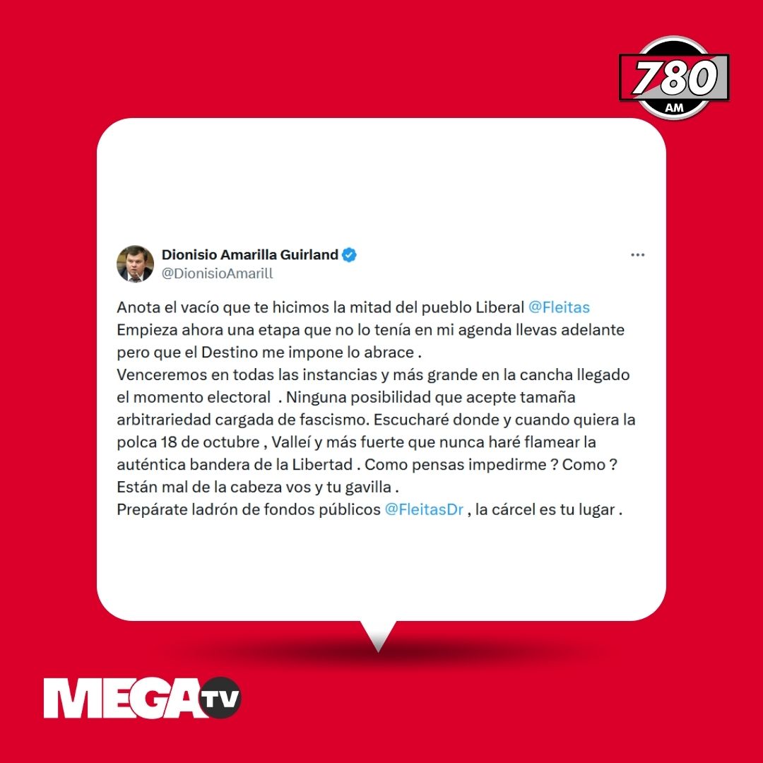780AM's tweet image. #LoDijoEnX📳 | Dionisio Amarilla se pronuncia tras ser expulsado del PLRA

🗣️&quot;Ninguna posibilidad que acepte tamaña arbitrariedad cargada de fascismo. Escucharé donde y cuando quiera la polca 18 de octubre, Valleí y más fuerte que nunca haré flamear la auténtica bandera de la…