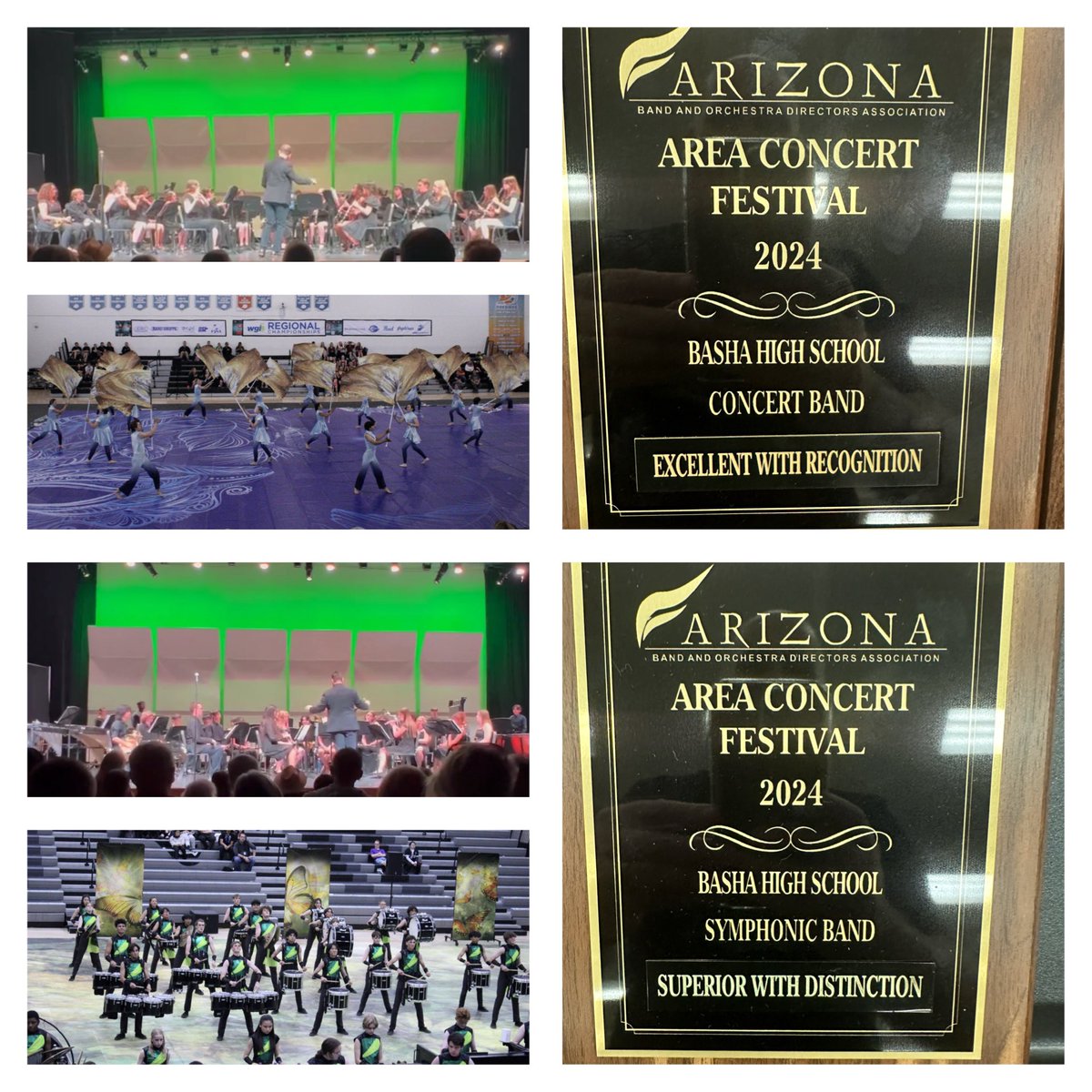 Great week of band activities this past week; ABODA area concert festival (Excellent w/ Recognition for concert band & Superior w/ Distinction for symphonic band), followed by a 6th place finish by winter guard and 1st place for indoor percussion.