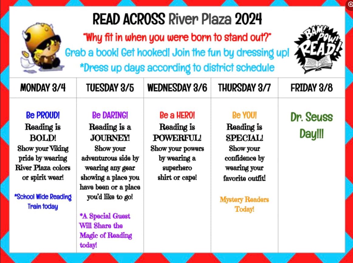 Thank you @River_Plaza_PFA for planning an amazing Read Across America Week for our students this week! Don’t forget to wear RP colors and bring a favorite book for our Kick Off tomorrow! #MTPSPride #RPfamily