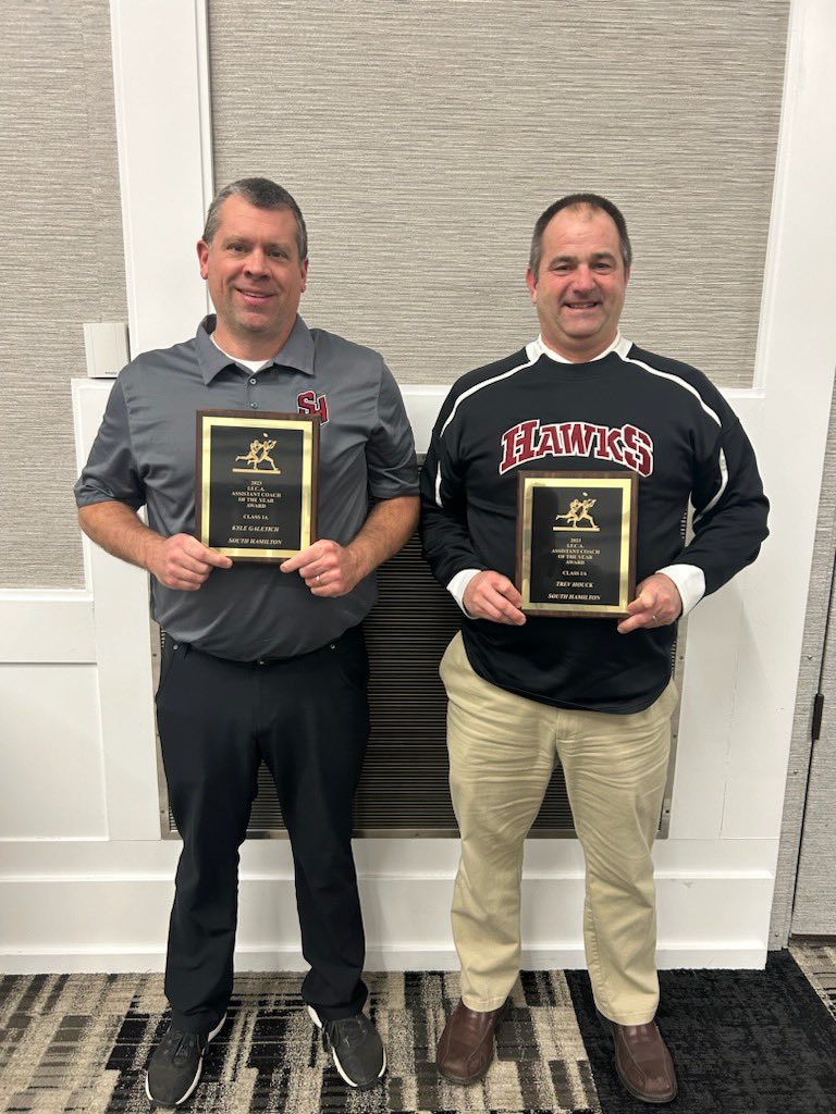 I don’t know a Schools that has as great of a coaching staff as @shcsd South Hamilton, I am very excited to congratulate both of our football coordinators on them being awarded Assistant Coaches of the Year in class 1A by the @IFBCA .Congratulations Trev Houck & Kyle Galetich