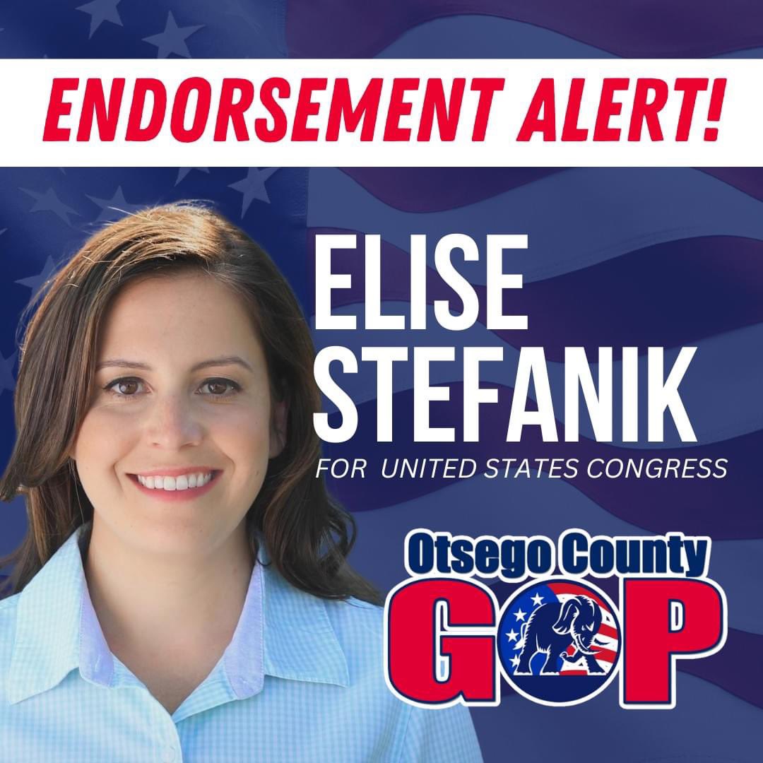 The Otsego GOP is honored to endorse Chairwoman Elise Stefanik for reelection and encourage our fellow Republicans in #NY21 to VOTE ELISE! 
#LeadRight #GOP #Election2024 #SaveOurState