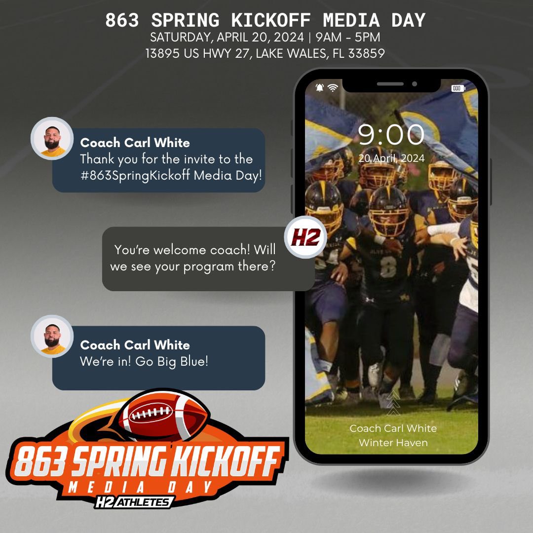 🔒🆙✅ CONFIRMED Looking forward to seeing and hearing from @WHCoachWhite and @WHBlueDevilsAth Football at the #863SpringKickoff Media Day presented by @H2Athletes Saturday, April 20, 2024 at Warner University in Lake Wales, FL. @JohnKostuch @Robbie2goated @D1Jak…