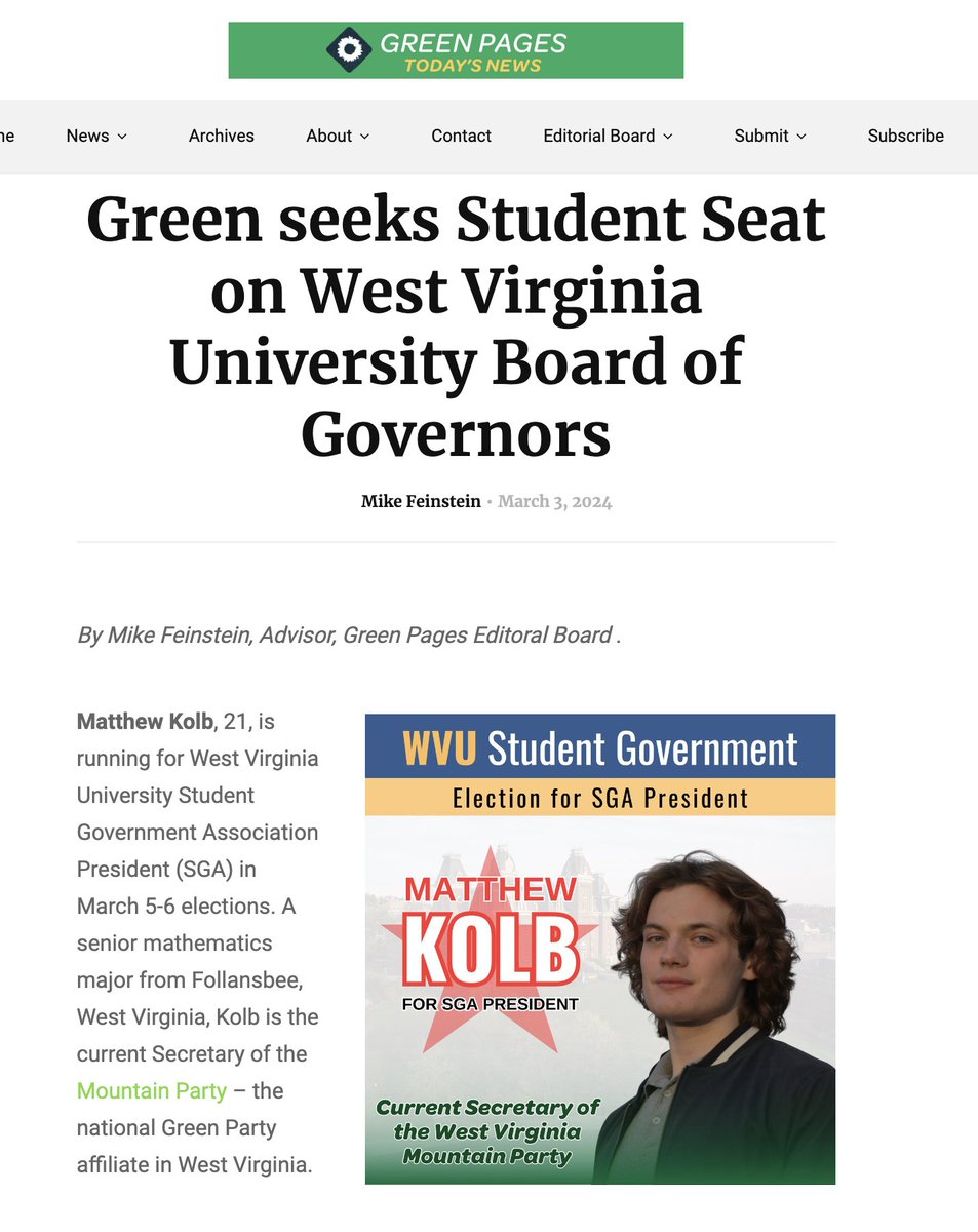 Green seeks Student Seat on #WVU Board of Governors - If elected <a href="/kolbmatthewr/">Matthew Kolb</a> would be 9th time a Green has been elected college or university Student Trustee/Governor in US greenpagesnews.org/green-seeks-st… #GreensInOffice #YoungGreens #StudentGovernment #WV <a href="/GPUSyouth/">Young EcoSocialists</a> <a href="/mountainpartywv/">West Virginia Mountain Party</a>