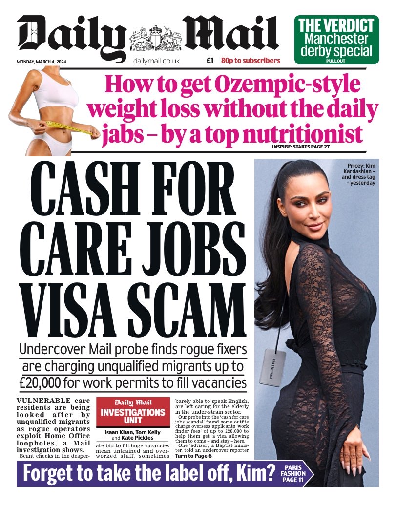 Monday’s Daily MAIL: “Cash For Care Jobs Visa Scam” #TomorrowsPapersToday