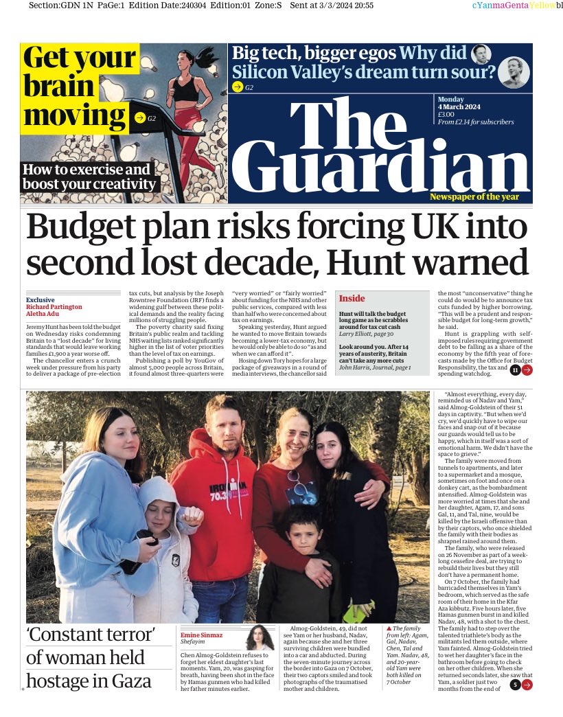 Monday’s GUARDIAN: “Budget plan risks forcing UK into second lost decade, Hunt warned” #TomorrowsPapersToday