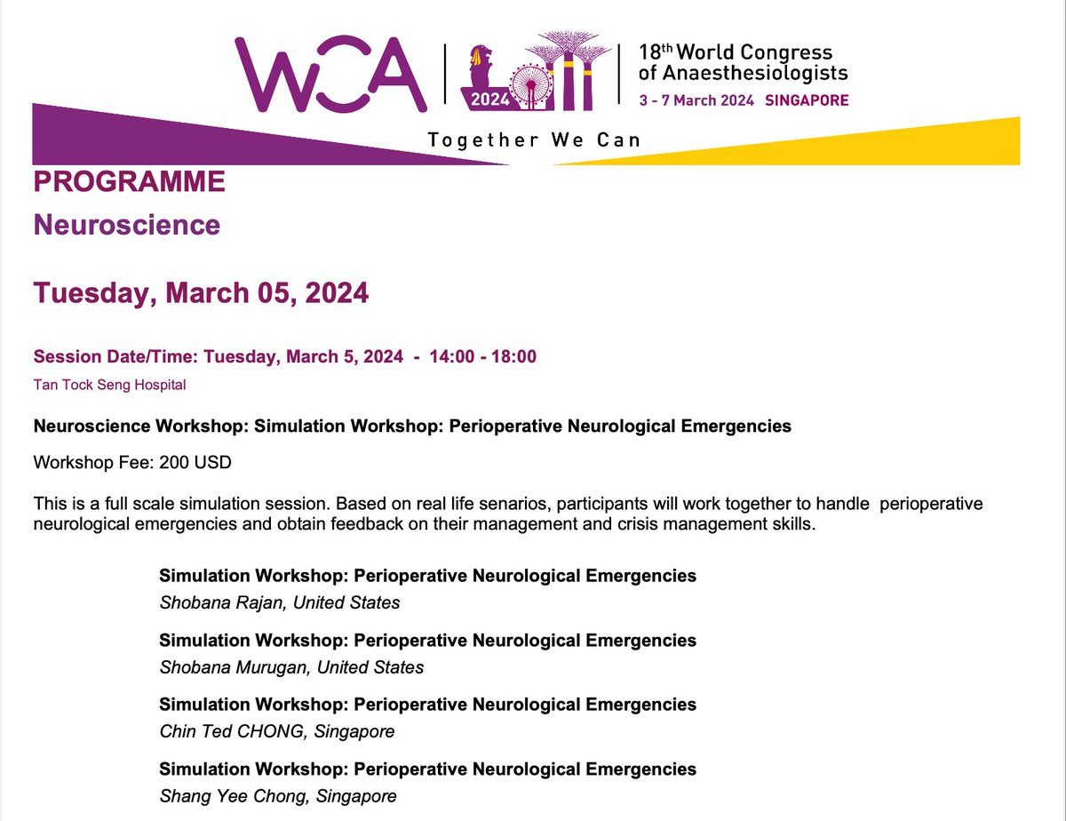 If you practice #neuroanesthesia and are at the #WCA2024, don't miss the #simulation workshop on perioperative neurological emergencies with <a href="/shobanarajan51/">Shobana Rajan MD, FASA</a> &amp; team. An outstanding opportunity to enhance your crisis management skills. #anesthesia <a href="/wfsawca/">WCA2026</a>