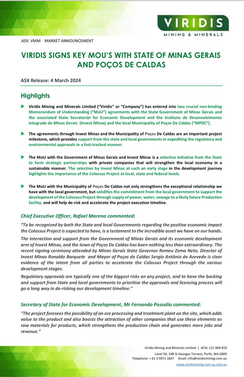 Viridis_VMM's tweet photo. Viridis Mining and Minerals $VMM pleased to announce

“Viridis Signs key MOU’s with State of Mina’s Gerais and Pocos de Caldas” 

ASX Announcement:
https://t.co/5vQDXhqCUj

#Viridis #VMM #RareEarth #Colossus #Project #Brazil #MOU #State #MinasGerais #PocosdeCaldas https://t.co/KVOmBq44cI