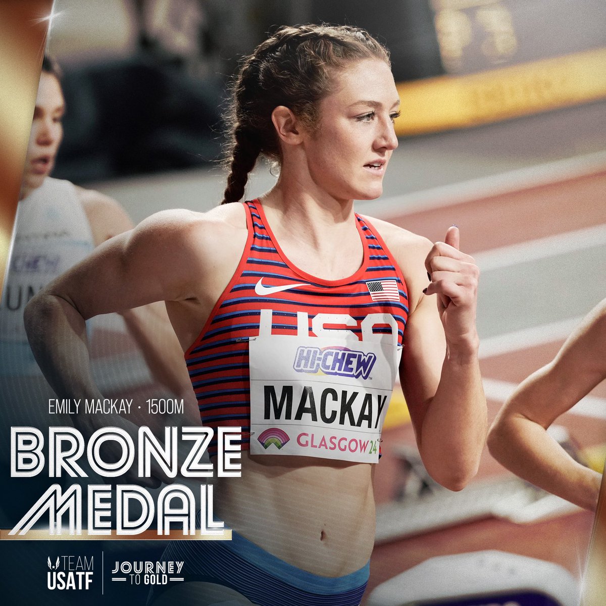 Mackay takes BRONZE! 🥉🇺🇸 Emily Mackay ran a personal best for her first world medal with a 4:02.69 in the 1500 at #WICGlasgow24! 🤩 That moves her to No. 4 on the U.S. all-time performer list in the event. 💥 #JourneyToGold