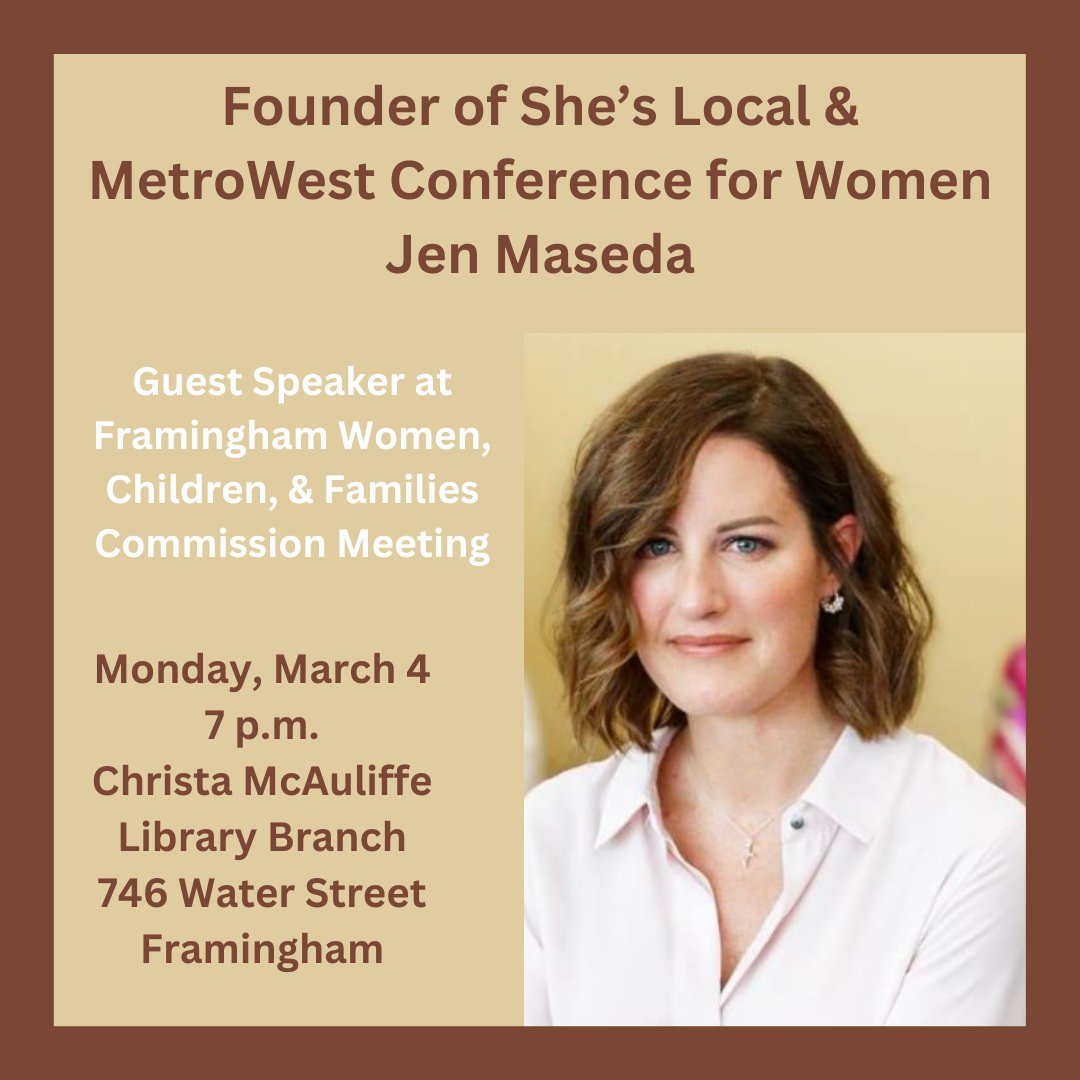 March is Women's History Month.
The #Framingham Women Children, & Families Commission is kicking off its lecture series this month with the founder of the MetroWest Conference For Women Jen Maseda on 3/4 at 7 p.m.
@Sheslocal 
#Cityofframingham
#WomensHistoryMonth 
@FramPub
