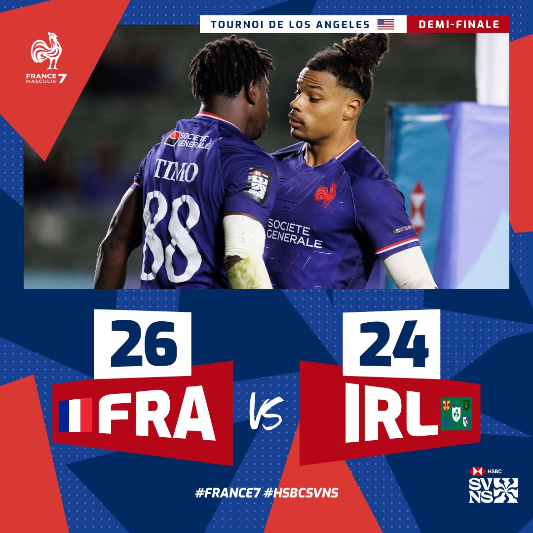 🇫🇷☘️ 𝐋𝐄𝐒 𝐁𝐋𝐄𝐔𝐒 𝐒𝐎𝐍𝐓 𝐄𝐍 𝐅𝐈𝐍𝐀𝐀𝐀𝐋𝐋𝐋𝐄 ! 😍
🙌 À Los Angeles, les garçons joueront tout à l'heure pour l'or à 3h23 !

🅐🅛🅛🅔🅩 🅛🅔🅢 🅖🅐🅡🅢 !!!

#France7 #HSBCSVNSLAX | @svnsseries <a href="/RugbyPass_FR/">RugbyPass FR 🇫🇷</a>
