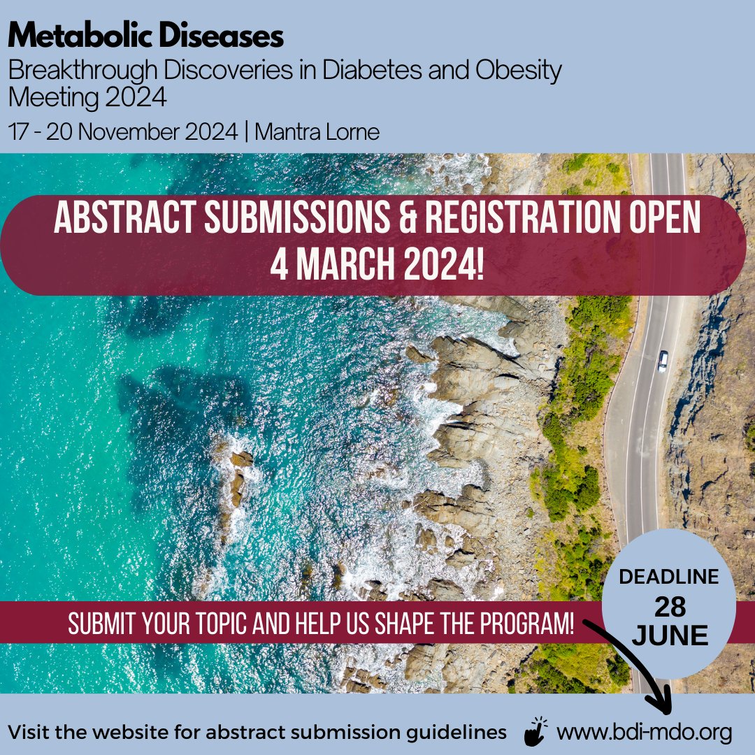 We are delighted to announce that Metabolic Diseases Breakthrough Discoveries in Diabetes and Obesity Meeting 2024 is now open for registrations! Where & when: Lorne, Australia, 17 - 20 November. For early-bird registrations at #MDO24 see: bdi-mdo.org