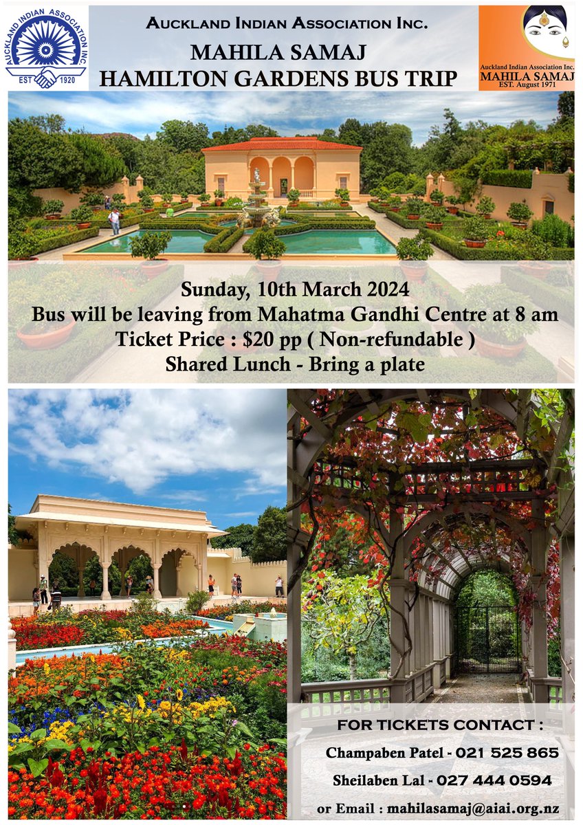 🌺✨ Join Mahila Samaj for an exciting bus trip to Hamilton Gardens! 🚌🌳 Explore the beauty of nature and immerse yourself in the tranquility of stunning landscapes. Limited seats available – reserve yours now. Don't miss out! 🌸🌿 #MahilaSamaj #BusTrip #HamiltonGardens 🌺✨