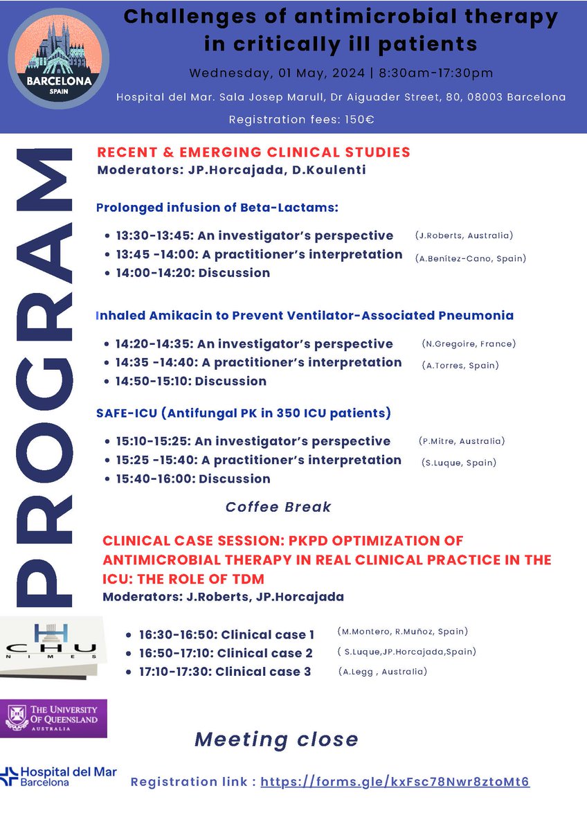 For those travelling to #ECCMID2024 - consider joining this very interesting post-conference symposium focusing on antimicrobial therapy in the critically ill! Held at Hospital Del Mar right on the beach. May 1st 2024