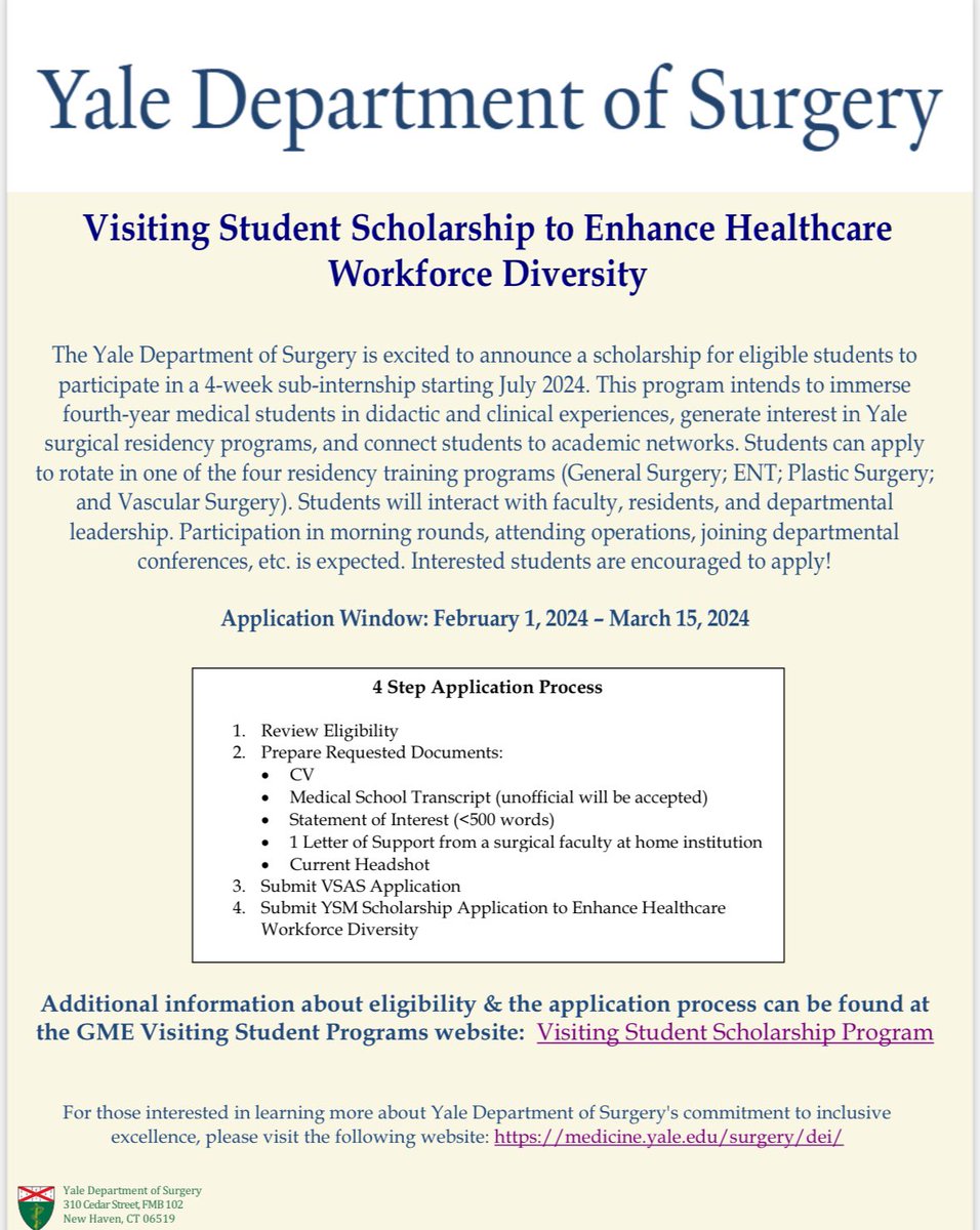 Society of Black Academic Surgeons (@societyofbas) on Twitter photo 🗣️Calling all rising 4th year med students!!!! Be sure to check out this AMAZING visiting student opportunity from one of our institutional members, <a href="/YaleSurgery/">Yale Surgery</a>! ✊🏾
#AcademicSurgery #SeeItBelieveItAchieveIt👇🏾
medicine.yale.edu/surgery/dei/vi… 🗣️Calling all rising 4th year med students!!!! Be sure to check out this AMAZING visiting student opportunity from one of our institutional members, <a href="/YaleSurgery/">Yale Surgery</a>! ✊🏾
#AcademicSurgery #SeeItBelieveItAchieveIt👇🏾
medicine.yale.edu/surgery/dei/vi…
