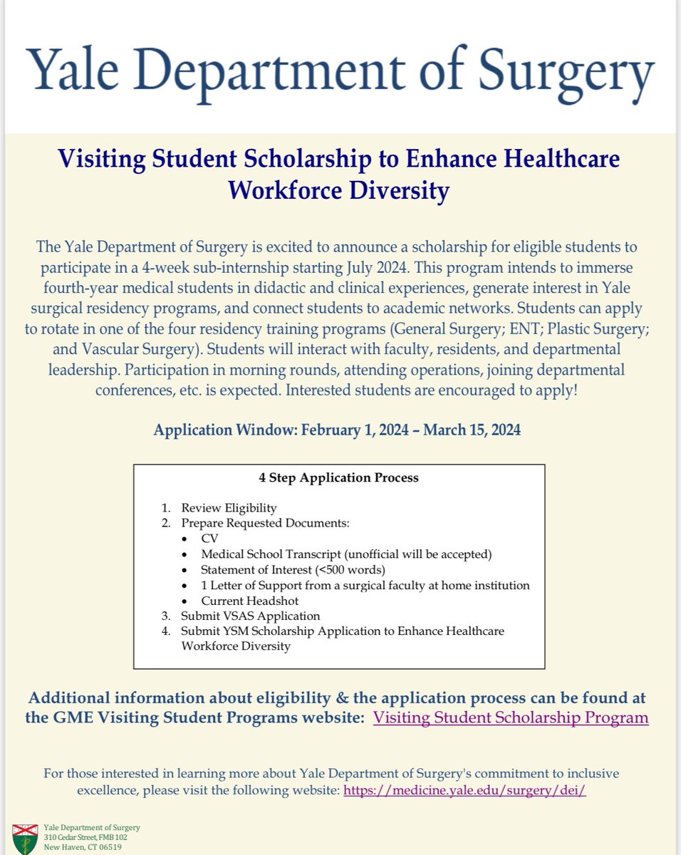 🗣️Calling all rising 4th year med students!!!! Be sure to check out this AMAZING visiting student opportunity from one of our institutional members, @YaleSurgery! ✊🏾 #AcademicSurgery #SeeItBelieveItAchieveIt👇🏾 medicine.yale.edu/surgery/dei/vi…