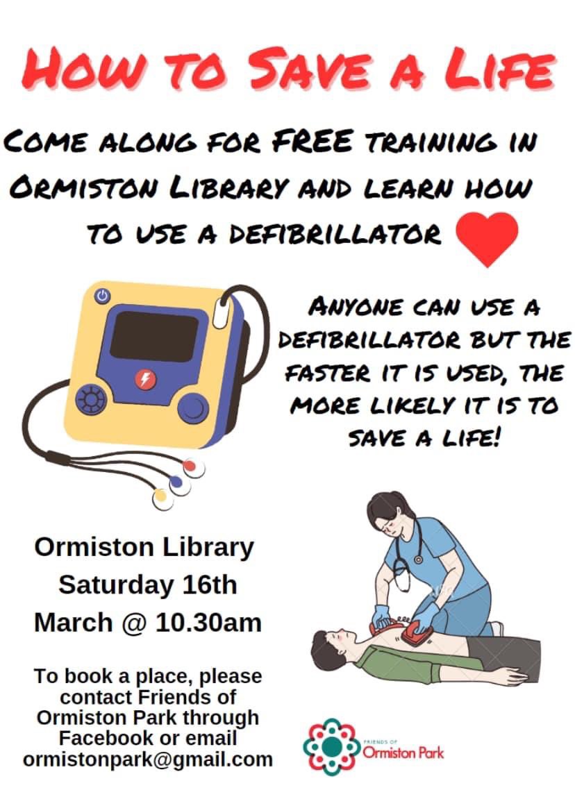 <a href="/FriendsOrmiPark/">FriendsOrmiPark</a> are running FREE defibrillator training on 16th March. 
Contact details below to book a space 👇🏼