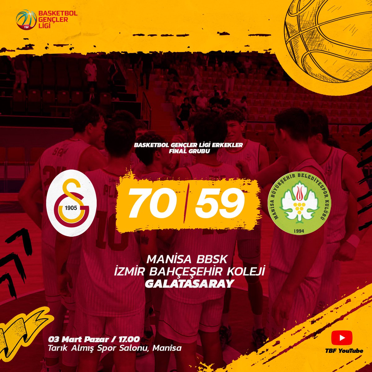 📝 | Basketbol Gençler Ligi Erkekler Final Grubu Galatasaray 70 - 59 Manisa BBSK İzmir Bahçeşehir Koleji #TebriklerÇocuklar 👏