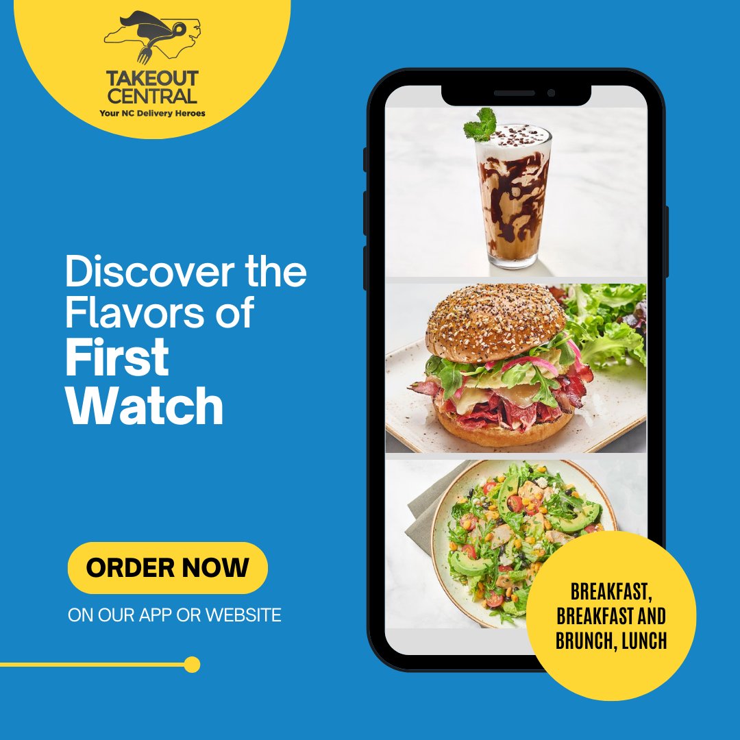 Morning flavors await at First Watch, your go-to for a fresh start! 🌞 Indulge in their delightful breakfast, brunch, or lunch selections, crafted for every taste. Order on the app and jumpstart your day with the tastiest dishes delivered by your Takeout Central heroes.