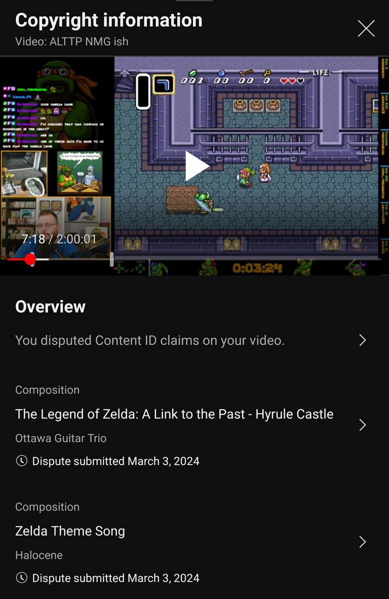 poolfloatg's tweet image. I'm used to false positives on @YouTube copyright matches, but these two are new. I quite enjoy @Halocene music, but never expected a match against vanilla Link to the Past music.

I have no idea who the other match is, other than they're not Nintendo.