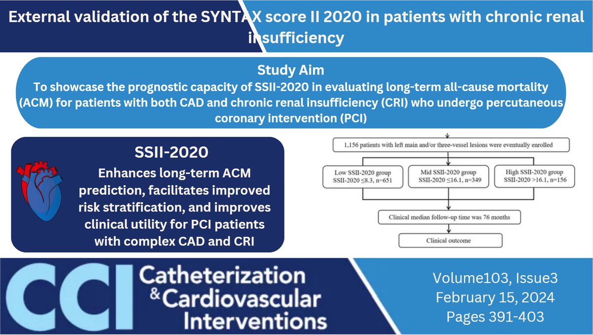 baileyannRN's tweet image. #SyntaxScore 
Read the latest from @ccijournal 
External validation of the SYNTAX score II 2020 in patients with chronic renal insufficiency

@SCAI @mirvatalasnag @aayshacader @chadialraies @DrJayMohan @MdFeldman @SrihariNaiduMD @Drroxmehran @DLBHATTMD 
onlinelibrary.wiley.com/doi/10.1002/cc…