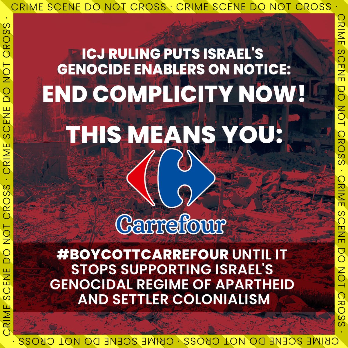 The ICJ has ruled that Israel is plausibly committing genocide. Israel can only maintain its regime through support from govs, institutions and companies like @CarrefourGroup. Carrefour profits from and enables Israel's #GazaGenocide. #BoycottCarrefour loom.ly/HNNCN7M