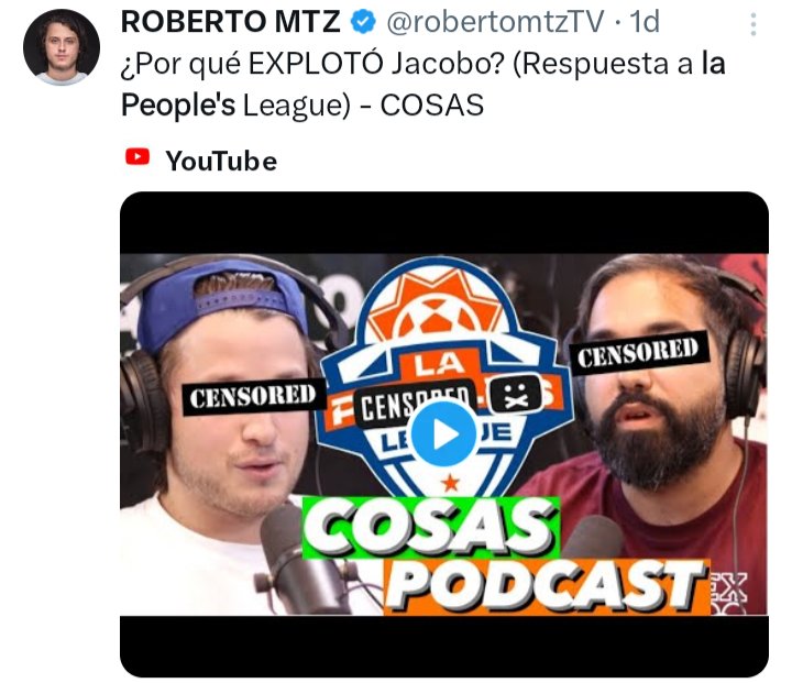 pablito_Robles9's tweet photo. 3 cosas que aprendimos de la polémica de esta semana en la @LaPeoplesLeague
▪️Si obligas a @robertomtzTV a ponerse analítico lo más probable es que pierdas.
. @JacoboWong puede bien o no, pero es un SHOWMAN.
▪️El futuro de #AmorFC esta en la @KingsLeagueAmerica
Hagámoslo tendenci https://t.co/q9NpyUWTqX