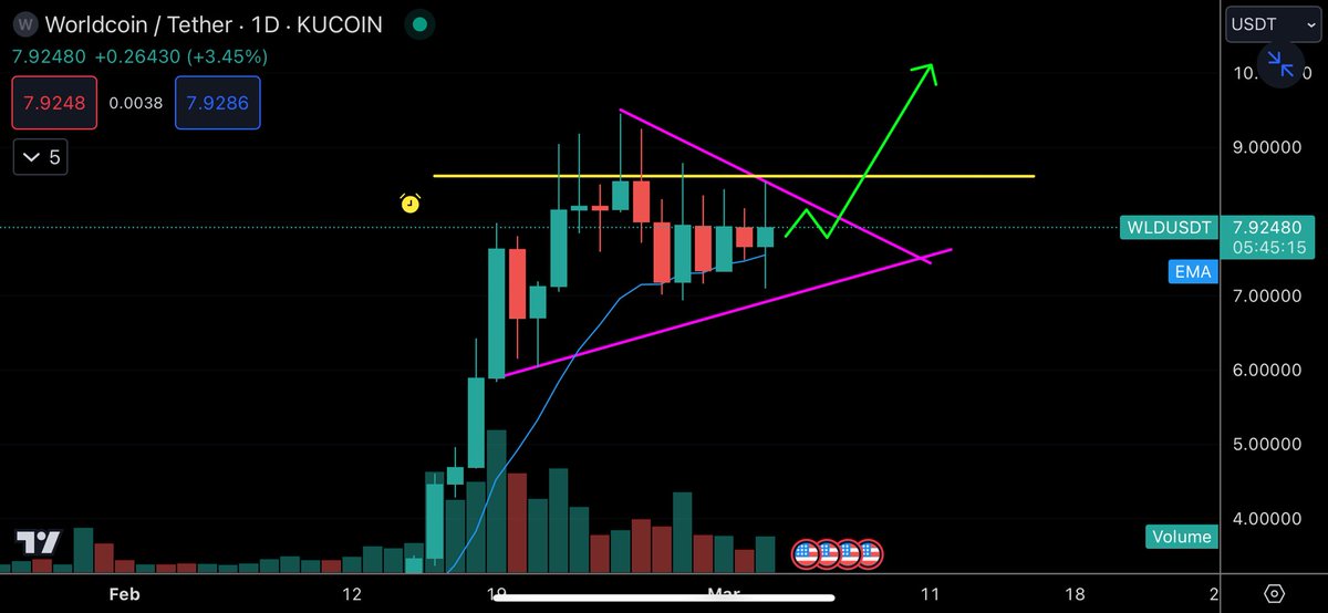 Eunicedwong's tweet photo. $WLD has been getting some traction lately. New bull flag formation to breakout to new highs https://t.co/VPz02CKolG