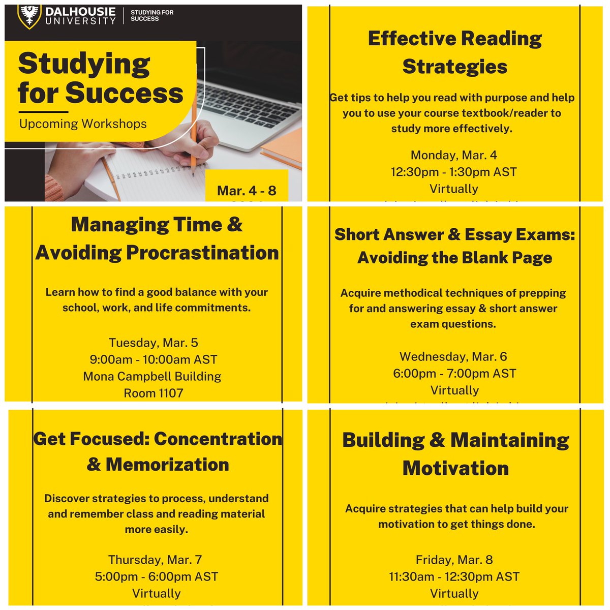 Want to stay on track this Winter semester? Want to learn how to study smarter? Come join our FREE SFS workshops next week. 
#StudentSupport #StudentSuccess #DalhousieU #DalhousieUniversity #DalStudentLife #StudentLife #DalStudentSuccess #StudySmarter #DalhousieStudying