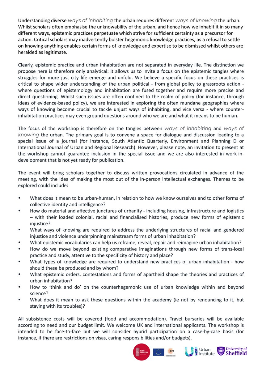 Applications welcome to participate in a workshop on 23-24 May 2024, Sheffield (UK), on ‘The epistemic tangles of urban inhabitation’ Organised jointly by the @Urban_Inst and our @InhabitationLab Send in your 250-word abstracts before 25th March. Info: beyondinhabitation.org/the-epistemic-…