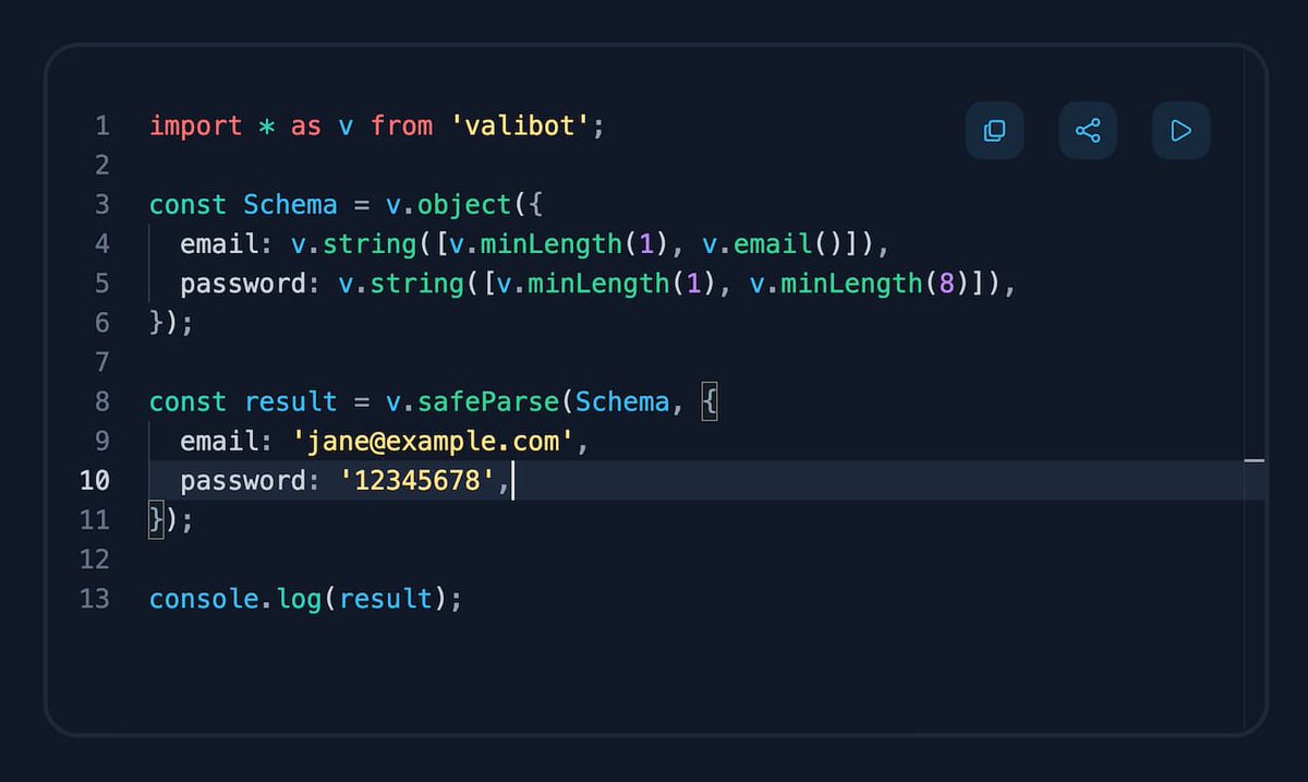 Great to see that you like the new @valibot playground on our website! In less than a week, the “execute code” button has been clicked nearly 1,500 times. This means that the playground is used as often as the search function. ⚡️ valibot.dev/playground/
