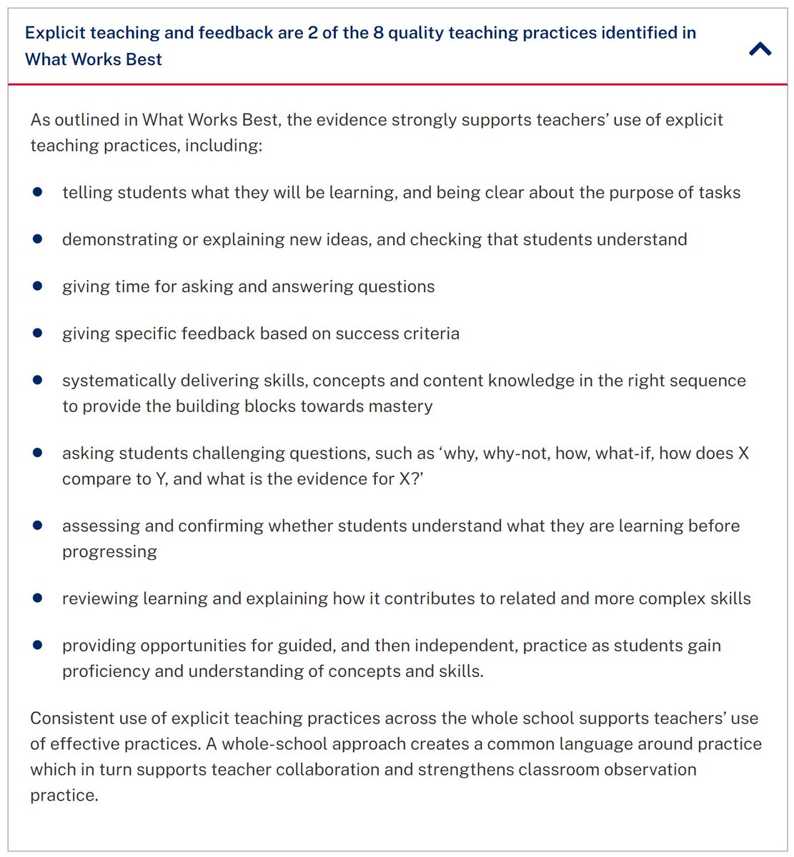 On the same page, the researchers highlight the most notable characteristics of "explicit instruction" that benefit students.
Does it sound like good, solid teaching? Definitely.
