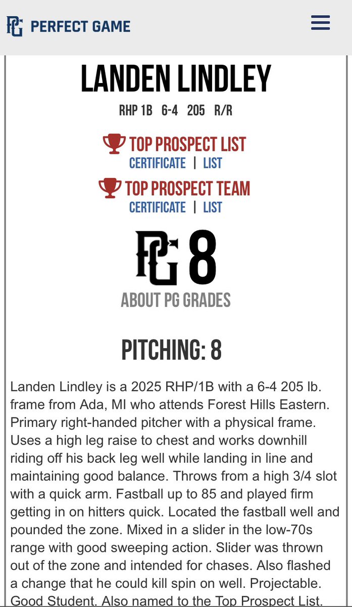 Landen Lindley (@landenlindley18) on Twitter photo Thank you <a href="/PerfectGameUSA/">Perfect Game USA</a> for the PG Grade. Excited for the season. <a href="/pawlanta/">Brett Pawlanta</a> <a href="/FHE_Baseball/">FH Eastern Baseball</a> <a href="/FHE_Athletics/">Forest Hills Eastern Athletics</a> <a href="/PGShowcases/">PG Showcases</a> <a href="/ColdWeatherBats/">Cold Weather Bats</a> <a href="/PG_Scouting/">Perfect Game Scout</a> <a href="/PG_Uncommitted/">PG_Uncommitted</a> Thank you <a href="/PerfectGameUSA/">Perfect Game USA</a> for the PG Grade. Excited for the season. <a href="/pawlanta/">Brett Pawlanta</a> <a href="/FHE_Baseball/">FH Eastern Baseball</a> <a href="/FHE_Athletics/">Forest Hills Eastern Athletics</a> <a href="/PGShowcases/">PG Showcases</a> <a href="/ColdWeatherBats/">Cold Weather Bats</a> <a href="/PG_Scouting/">Perfect Game Scout</a> <a href="/PG_Uncommitted/">PG_Uncommitted</a>