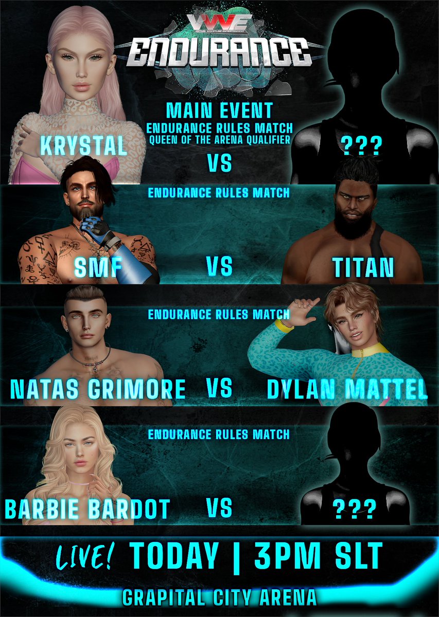 VWE Wrestling (@vwewrestling) on Twitter photo It's almost time for some #Endurance!
<a href="/DylanMattelx/">Dylan Mattel</a> will go one-on-one with <a href="/NatasGrimoreVOD/">NatasGrimoreVOD</a>!
<a href="/SMFalkenrath/">SMF™ - The Devil from Down Under - BSKY</a> will step in the ring with the mammoth Titan!
Check out the awesome card including a Queen of the Arena Qualifier Match!
3 PM SLT
RIDE:
maps.secondlife.com/secondlife/Gra… It's almost time for some #Endurance!
<a href="/DylanMattelx/">Dylan Mattel</a> will go one-on-one with <a href="/NatasGrimoreVOD/">NatasGrimoreVOD</a>!
<a href="/SMFalkenrath/">SMF™ - The Devil from Down Under - BSKY</a> will step in the ring with the mammoth Titan!
Check out the awesome card including a Queen of the Arena Qualifier Match!
3 PM SLT
RIDE:
maps.secondlife.com/secondlife/Gra…
