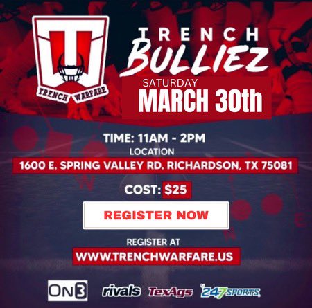 Trench Bulliez is back, this is also the make up date for the 1/15/24 event that was postponed @Jason_Howell @MikeRoach247 @Bdrumm_Rivals @BE_SicEm365 @BHoward_11 @Perroni247